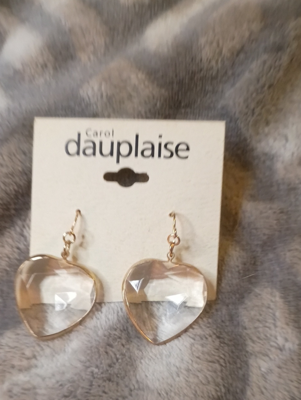 Carol Dauplaise Clear Heart Drop Earrings with Gold Trim